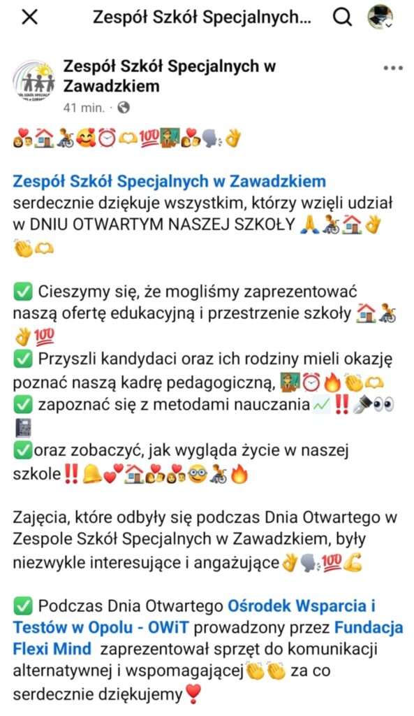 Skan informacji z Facebooka o Dniu Otwartym szkoły w Zawadzkiem. W treści podziękowania dla OWiT za prezentację sprzętu